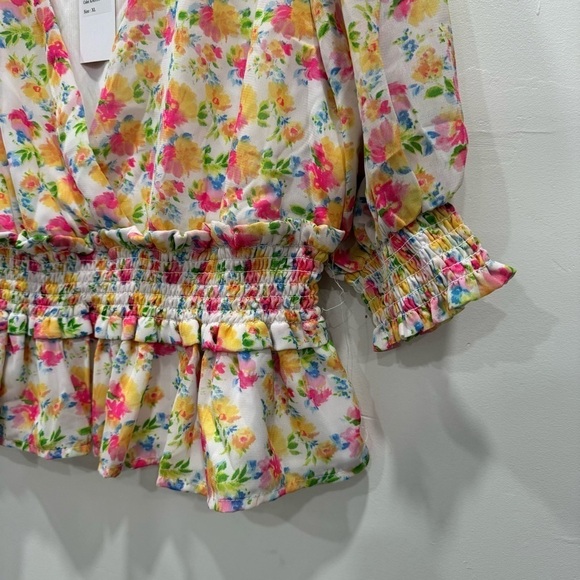 Wishing Waves Floral Smocked Peplum Balloon Sleeve Top Blouse Size XL - Picture 3 of 7